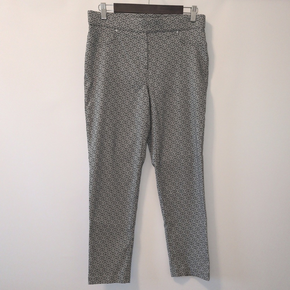 89th & Madison Pull On Pants Women M Black White Geometric Jacquard Slim Leg